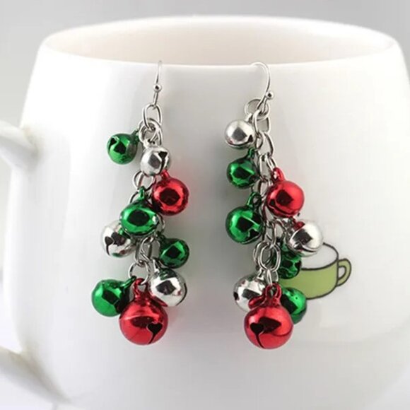 Christmas Jingle Bells Dangle Earrings, Make Noise - Green, Red, Silver Bells - Picture 7 of 9